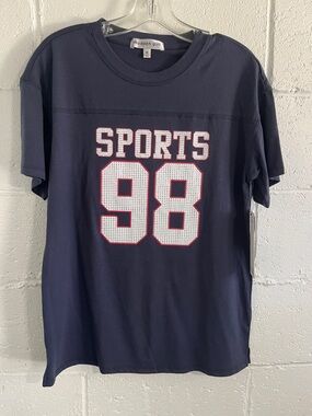 Madden Girl Sparkle Embellished 'SPORTS 98' Short Sleeve Tee- Medium